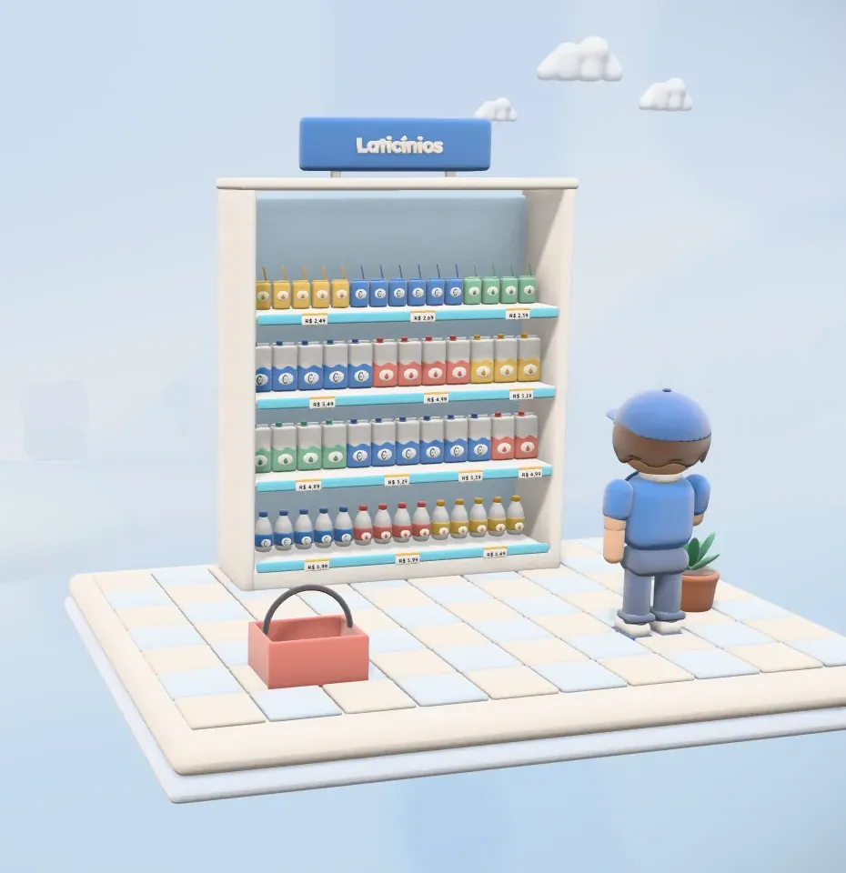 Diorama 3D em massinha: um promotor diante da gôndola de laticínios